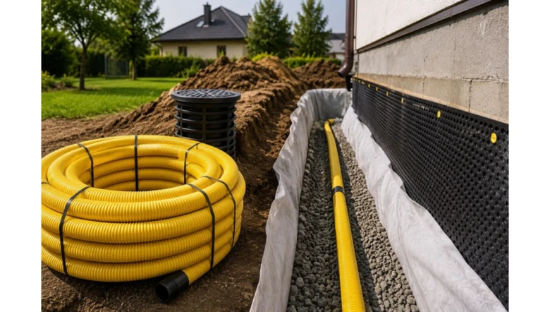 Žlutá drenážní trubice vedle vykopaného příkopu pro odvodnění u domu.