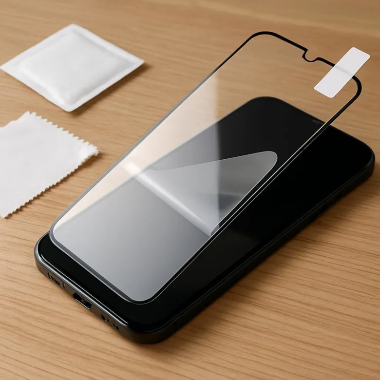 Nástavba ochranného skla pro telefon s čistícími utěrkami.