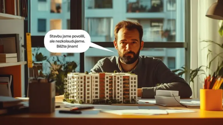 Architektonický model bytového domu na kancelářském stole.