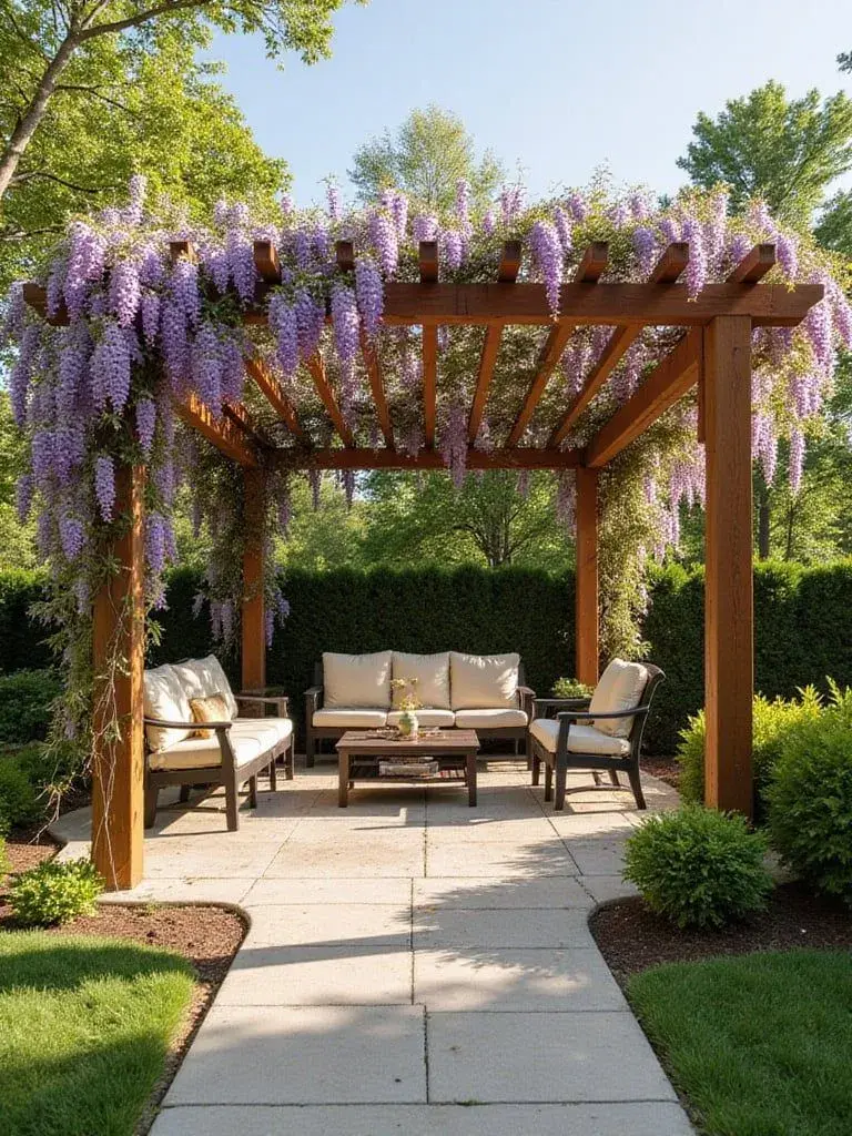 Dřevěná pergola s fialovými květy vyzývající k inspiraci pro zahradu.