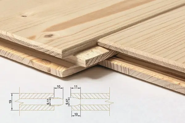 Detail spoje dřevěných podlahových palubek s technickým výkresem.