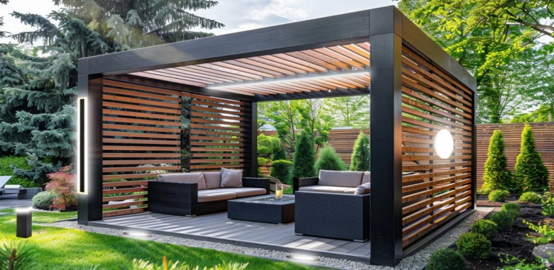 Moderní dřevěná pergola s integrovaným osvětlením v zahradním prostředí.