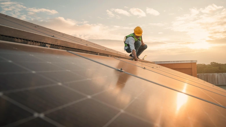 Montáž fotovoltaických panelů na střechu při západu slunce.
