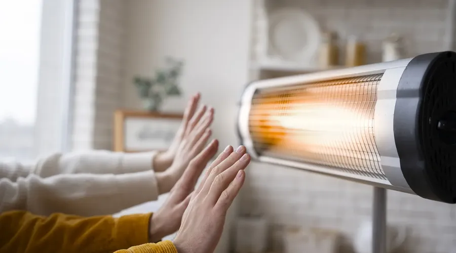 Rozsvícené elektrické kotle s rukama zahřívajícími se před ním.