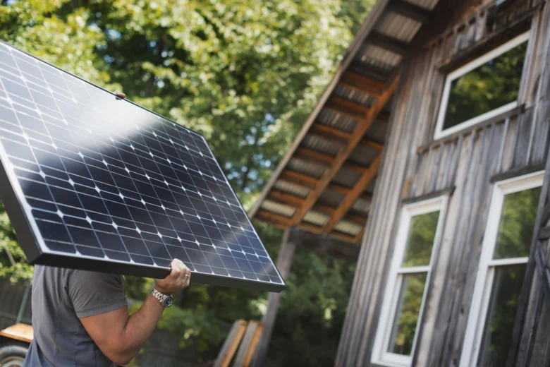 Muž nese fotovoltaický panel k starému dřevěnému domu.