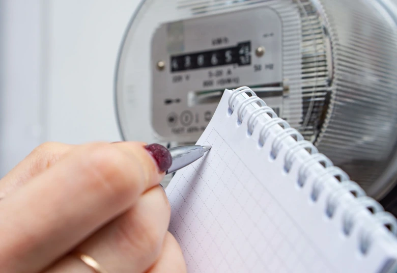 Ruka píše poznámky vedle elektroměru pro sledování spotřeby.