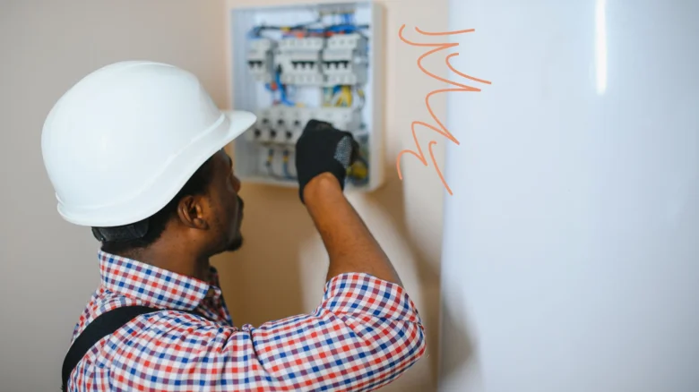 Elektrikář upravuje komponenty v domovním rozvaděči.