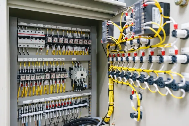 Otevřená elektrická skříň s přepěťovými spínači a žlutým kabelážem.