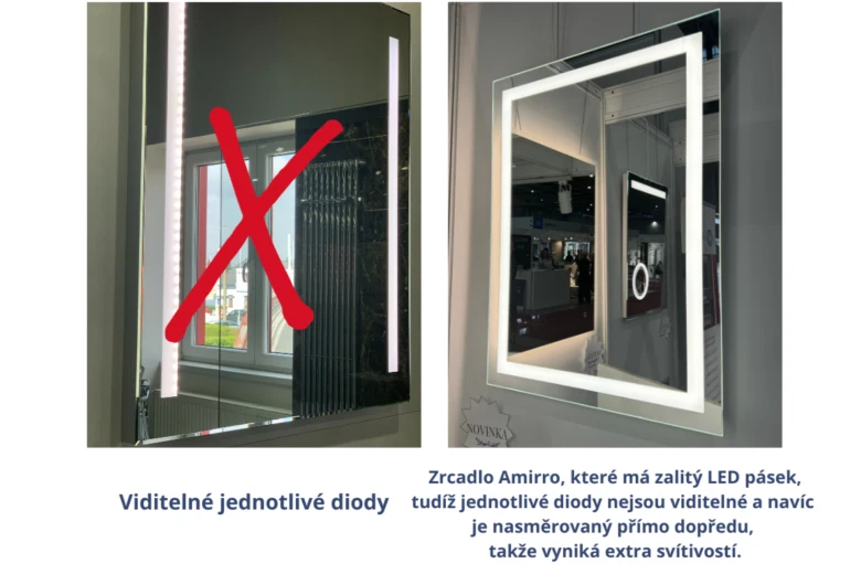 Porovnání zrcadla s LED osvětlením - viditelné diody vs. rovnoměrný světelný pás.