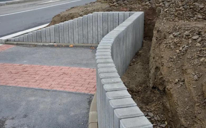 Křivá betonová tvárnice pro zadržovací zeď při stavbě.