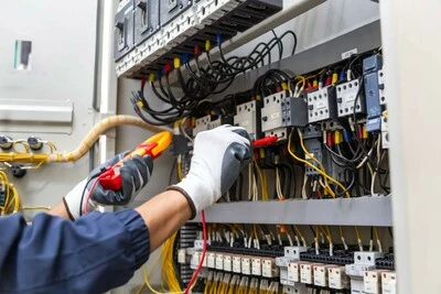 Elektrikář měří napětí v rozvaděči s vývody stejnosměrného proudu.