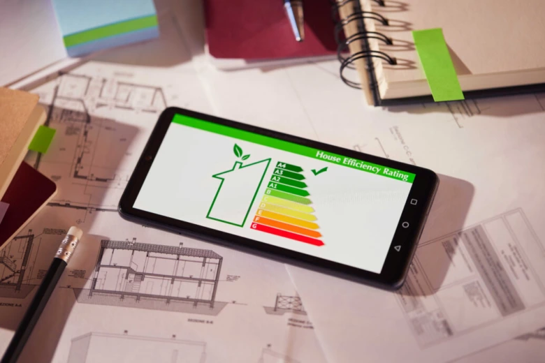 Smartphone s energetickým hodnocením domu na plánech staveb.