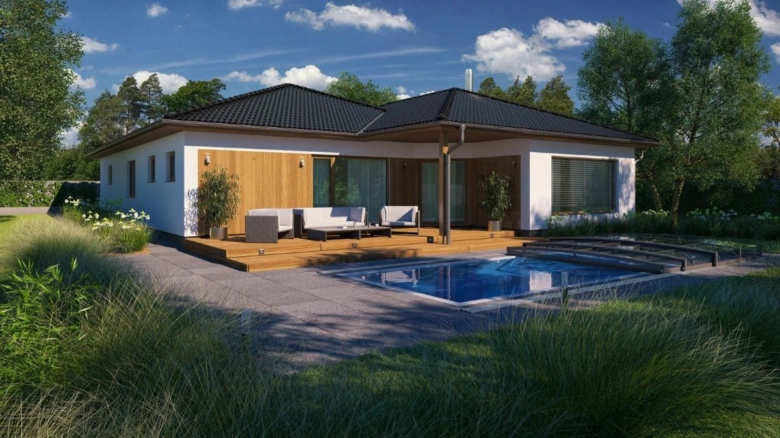 Moderní bungalov ve tvaru L s bazénem na pozadí zeleně.