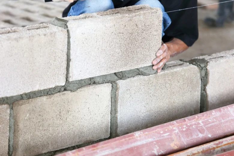 Stavebník kladí betonové cihly do zdi s maltou.