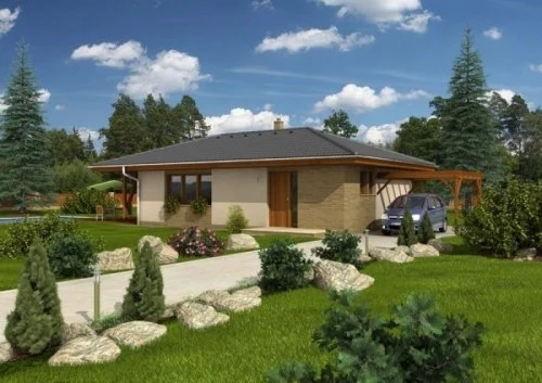 Moderní projekt domu typu bungalov s zahradou a parkovištěm.
