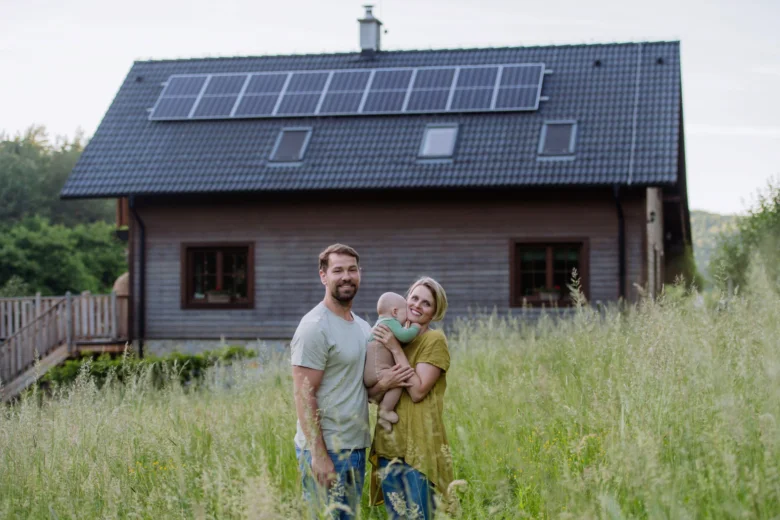 Rodina stojí před domem s fotovoltaickými panely na střeše.