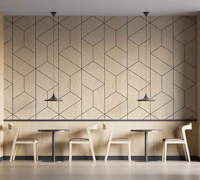 Dřevěná obložení stěn s geometrickým vzorem v moderním interiéru.