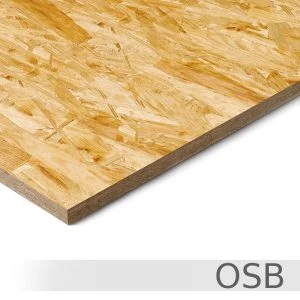 Detailní záběr na dřevotřískovou desku OSB s viditelnou strukturou.