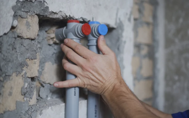 Ruční instalace plastových vodovodních trubek s červeným a modrým ventilovým uzávěrem.