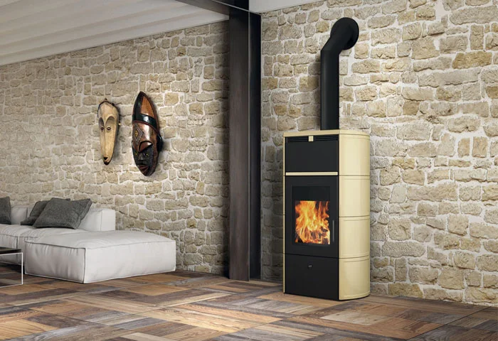 Modern wood stove with flue pipe