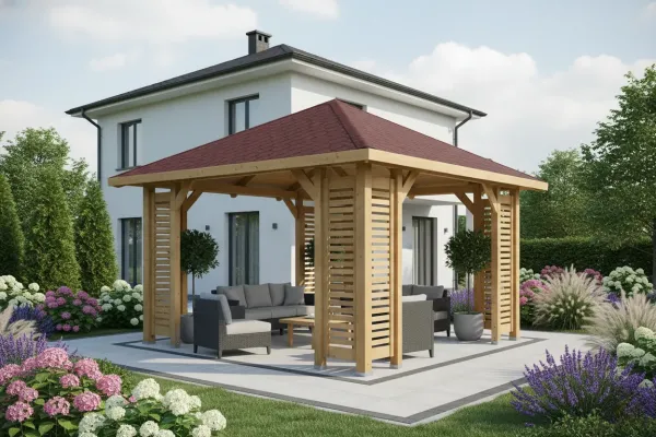Dřevěná pergola s červenou střechou na zahradě před domem.