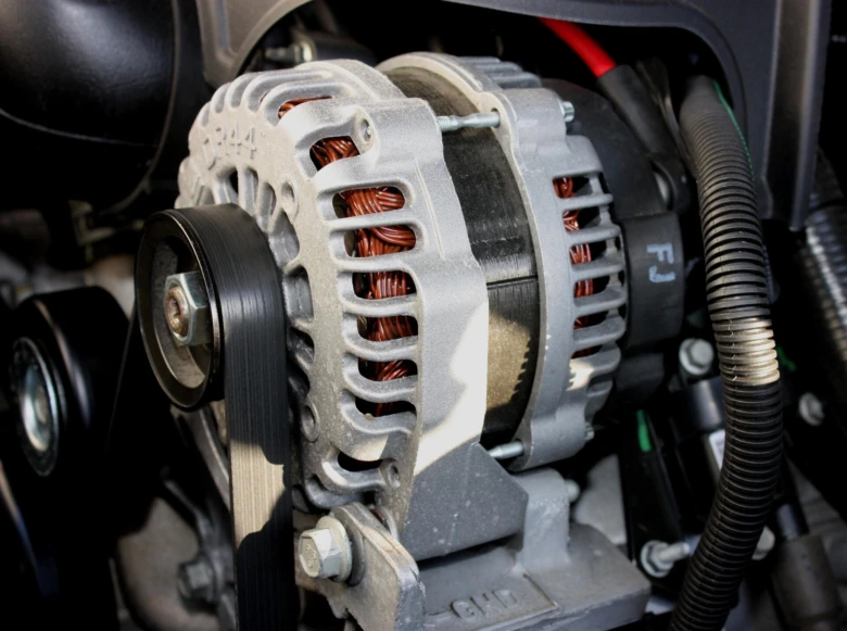 Detailní pohled na automobilový alternátor s viditelnými měděnými cívkami.