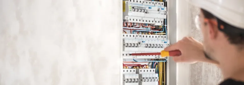 Elektrikář opravuje rozvaděč při revizi elektroinstalace.