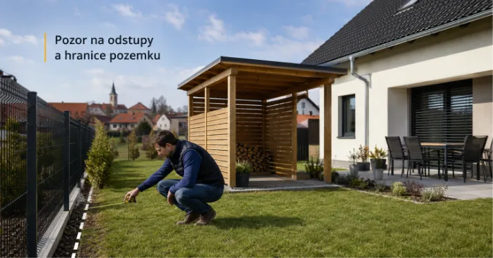 Muž měří vzdálenost od plotu k dřevěné zahradní stavbě.
