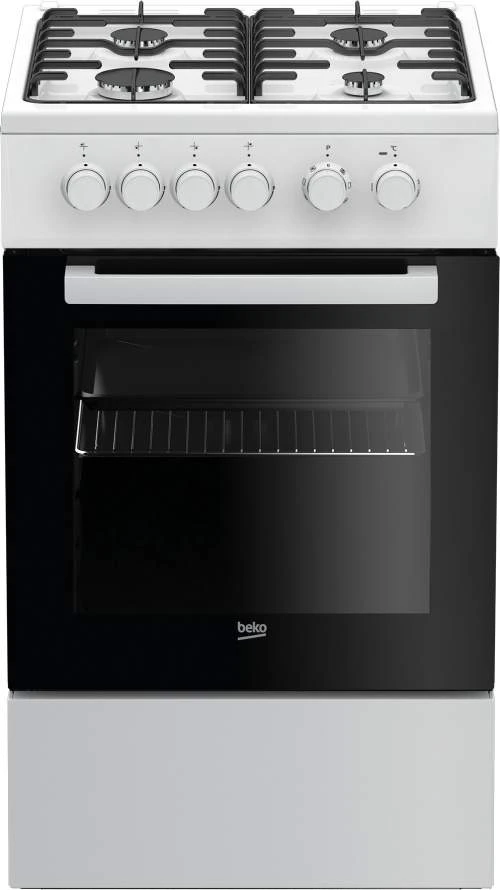 Bílo kombinovaný sporák s plynovou varnou deskou.
