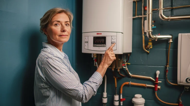Žena nastavuje digitální panel řízení plynového kondenzačního kotle.