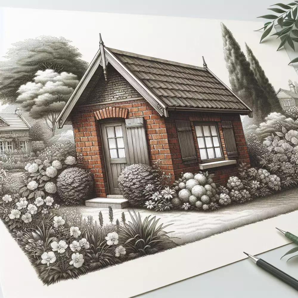 Detailní kresba zděného zahradního domku s kvetoucími rostlinami.