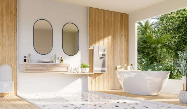 Moderní koupelna s dřevěnými panely a přírodními materiály.