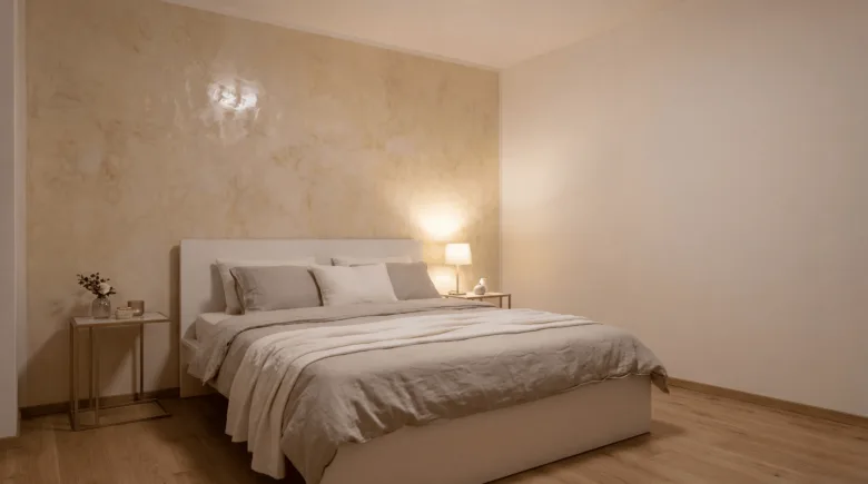 Bedroom with decorative plaster wall