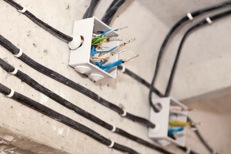 Bílá krabička s odpojenými vodiči v betonu při rekonstrukci elektroinstalace.