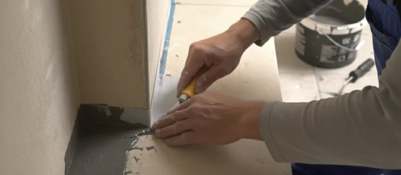 Muž nanáší hydroizolační hmotu na roh stěny v koupelně.