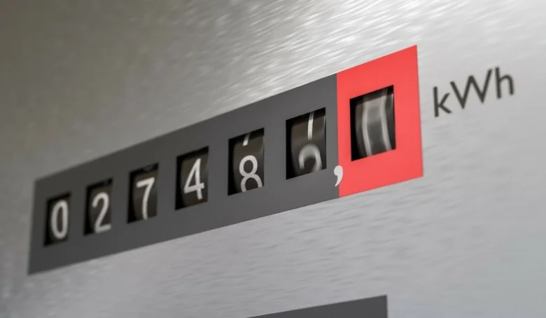 Číselný displej elektroměru ukazující spotřebu v kWh.