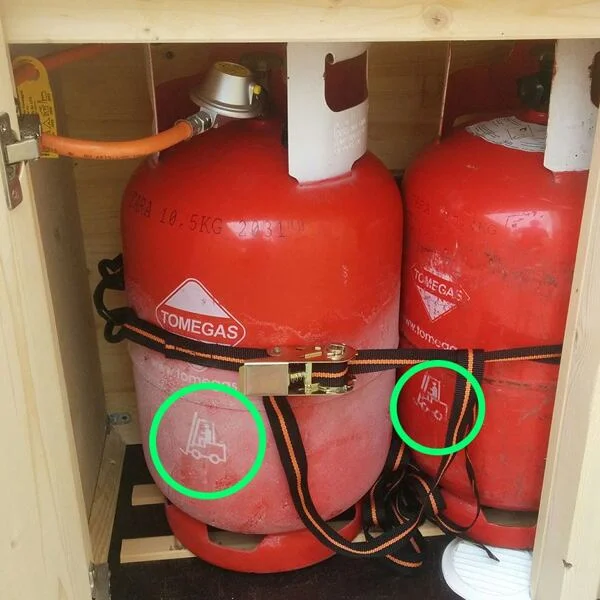 Dvě červené lahve propanu v dřevěném skříni s bezpečnostními značkami.