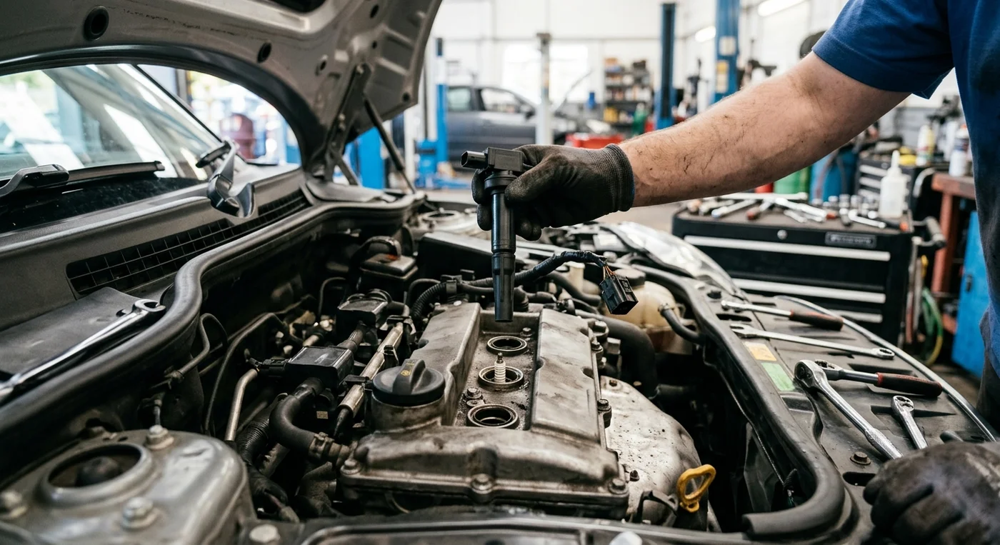 Mechanik opravuje motor auta při diagnostice EPC.