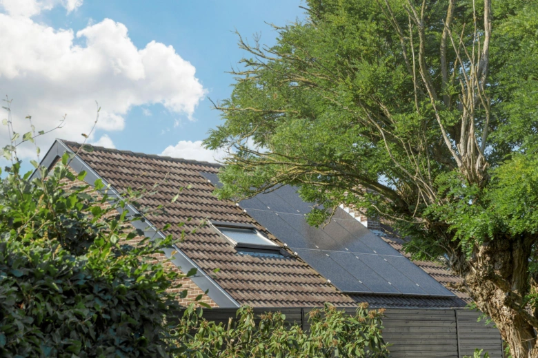Fotovoltaické panely na střechu rodinného domu pod stromy.