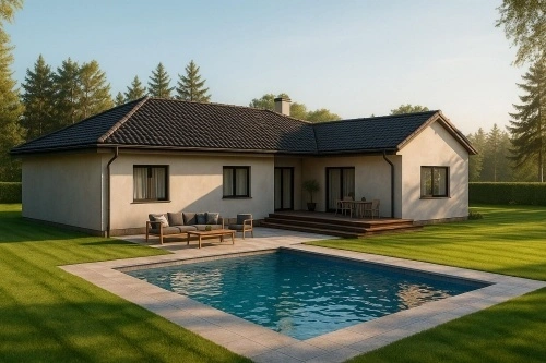 Moderní bungalov ve tvaru L s bazénem na pozadí zelené trávy.