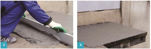 Pracovník vyrovnává novou podlahu na balkóně během rekonstrukce.
