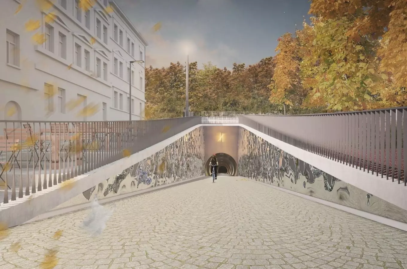 Podjezdní tunel s cyklistou pod ulicí v Praze.
