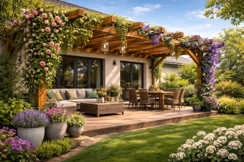 Dokončená dřevěná pergola s nábytkem v zahradním prostředí.