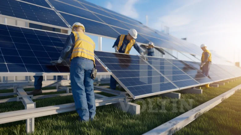 Pracovníci montují fotovoltaické panely na trávníku.