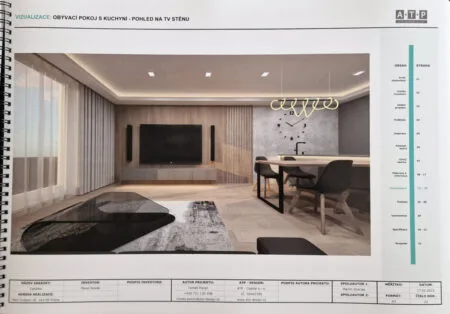 Modern living room with kitchen area