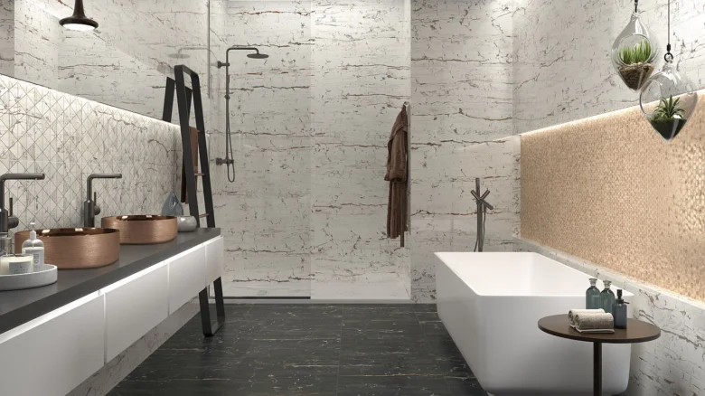 Modern bathroom with marble tiles