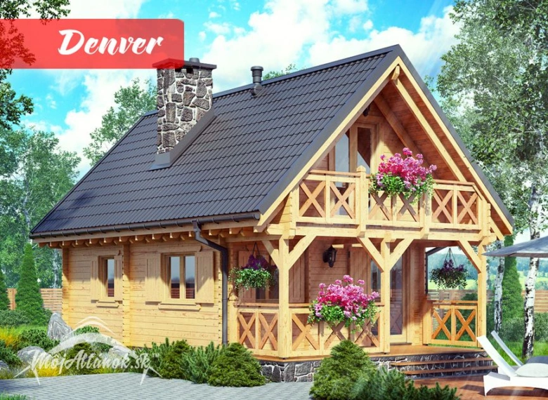 Moderní dřevěná chata s balkonem pro celoroční bydlení.