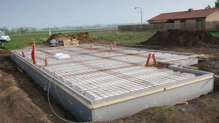 Základová deska s výztuží na stavbě domu venku.