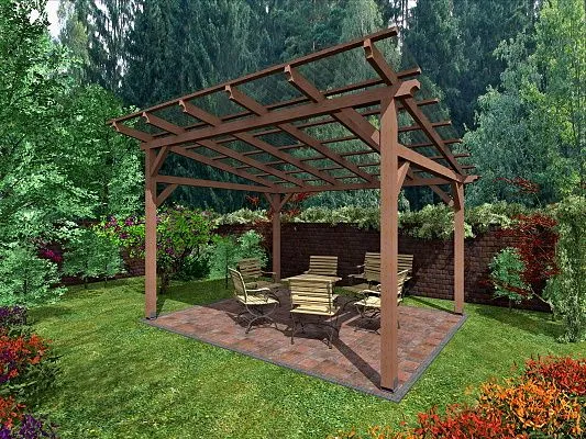 Pergola s dlažbou na zahradě pro venkovní posezení