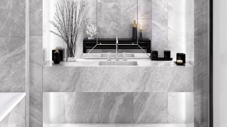 Marble bathroom tiles and vanity